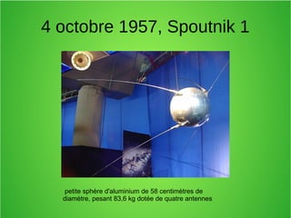 4 octobre 1957, Spoutnik 1
petite sphère d'aluminium de 58 centimètres de
diamètre, pesant 83,6 kg dotée de quatre antennes
 
