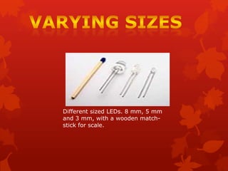 Different sized LEDs. 8 mm, 5 mm
and 3 mm, with a wooden matchstick for scale.

 