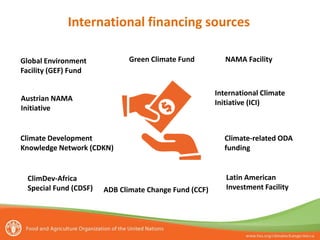 International financing sources
Green Climate Fund NAMA Facility
Austrian NAMA
Initiative
Global Environment
Facility (GEF) Fund
International Climate
Initiative (ICI)
Latin American
Investment Facility
Climate-related ODA
funding
ADB Climate Change Fund (CCF)
ClimDev-Africa
Special Fund (CDSF)
Climate Development
Knowledge Network (CDKN)
 