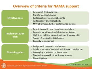 Overview of criteria for NAMA support
• Amount of GHG reductions
• Transformational change
• Sustainable development benefits
• Sustainability and replicability
• MRV of GHGs and other performance metrics
Effectiveness
• Description with clear boundaries and plans
• Consistency with national development plans
• High-level political support and country ownership
• Support from sector stakeholders
• Capacity to implement
Implementation
plan
• Budget with national contributions
• Catalytic impact of international finance contribution
• Leveraging private-sector investment
• No duplication with other finance sources
• Risk mitigation
Financing plan
Source: Adapted from Wilkes et al. 2013b.
 