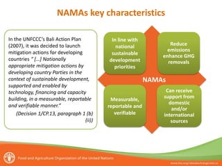 NAMAs key characteristics
In line with
national
sustainable
development
priorities
Reduce
emissions
enhance GHG
removals
Measurable,
reportable and
verifiable
Can receive
support from
domestic
and/or
international
sources
NAMAs
In the UNFCCC’s Bali Action Plan
(2007), it was decided to launch
mitigation actions for developing
countries “ […] Nationally
appropriate mitigation actions by
developing country Parties in the
context of sustainable development,
supported and enabled by
technology, financing and capacity
building, in a measurable, reportable
and verifiable manner.”
(Decision 1/CP.13, paragraph 1 (b)
(ii))
 