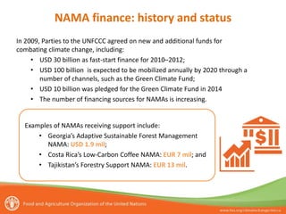 NAMA finance: history and status
In 2009, Parties to the UNFCCC agreed on new and additional funds for
combating climate change, including:
• USD 30 billion as fast-start finance for 2010–2012;
• USD 100 billion is expected to be mobilized annually by 2020 through a
number of channels, such as the Green Climate Fund;
• USD 10 billion was pledged for the Green Climate Fund in 2014
• The number of financing sources for NAMAs is increasing.
Examples of NAMAs receiving support include:
• Georgia’s Adaptive Sustainable Forest Management
NAMA: USD 1.9 mil;
• Costa Rica’s Low-Carbon Coffee NAMA: EUR 7 mil; and
• Tajikistan’s Forestry Support NAMA: EUR 13 mil.
 