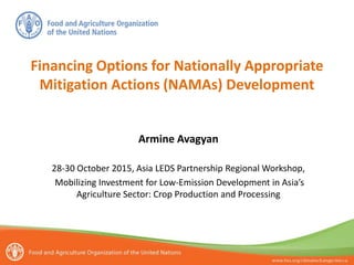 Financing Options for Nationally Appropriate
Mitigation Actions (NAMAs) Development
Armine Avagyan
28-30 October 2015, Asia LEDS Partnership Regional Workshop,
Mobilizing Investment for Low-Emission Development in Asia’s
Agriculture Sector: Crop Production and Processing
 
