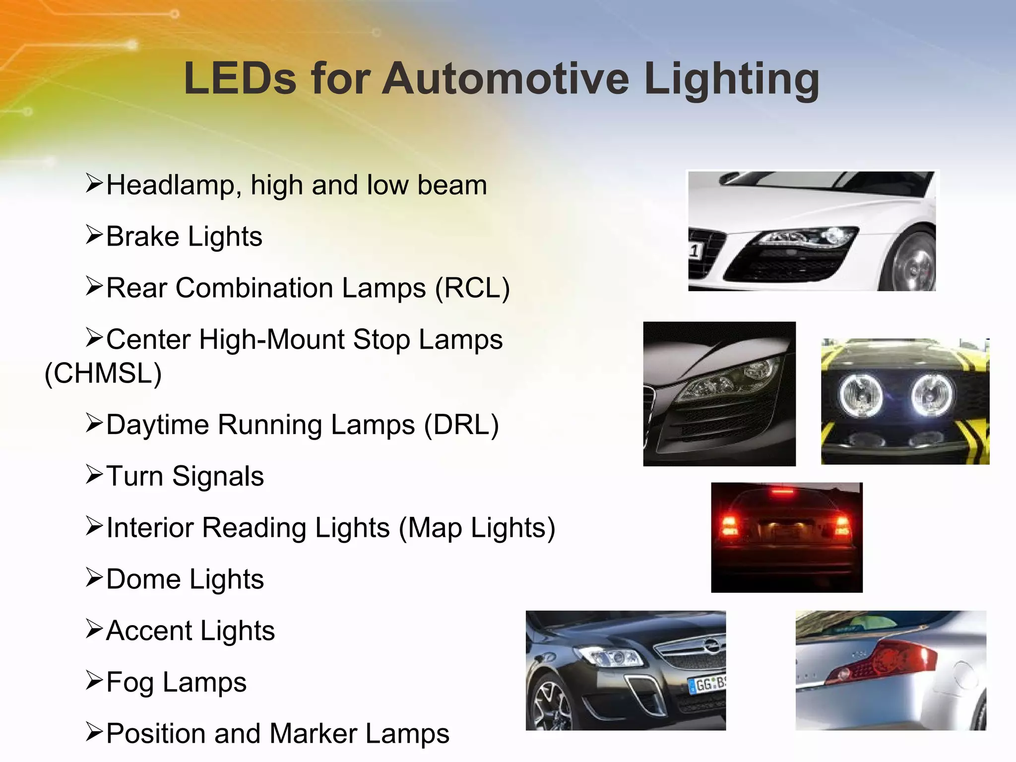 LEDs for Automotive Lighting  Headlamp, high and low beam  Brake Lights  Rear Combination Lamps (RCL)  Center High-Mount Stop Lamps (CHMSL)  Daytime Running Lamps (DRL)  Turn Signals Interior Reading Lights (Map Lights) Dome Lights  Accent Lights  Fog Lamps  Position and Marker Lamps 