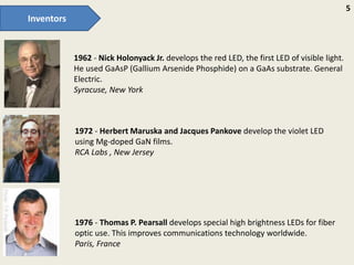 Inventors
1972 - Herbert Maruska and Jacques Pankove develop the violet LED
using Mg-doped GaN films.
RCA Labs , New Jersey
1976 - Thomas P. Pearsall develops special high brightness LEDs for fiber
optic use. This improves communications technology worldwide.
Paris, France
1962 - Nick Holonyack Jr. develops the red LED, the first LED of visible light.
He used GaAsP (Gallium Arsenide Phosphide) on a GaAs substrate. General
Electric.
Syracuse, New York
5
 