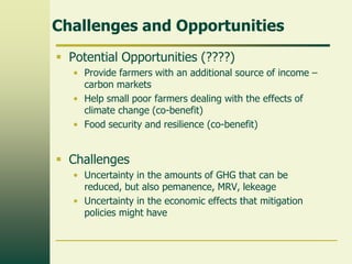 Challenges and Opportunities
 Potential Opportunities (????)
• Provide farmers with an additional source of income –
carbon markets
• Help small poor farmers dealing with the effects of
climate change (co-benefit)
• Food security and resilience (co-benefit)

 Challenges
• Uncertainty in the amounts of GHG that can be
reduced, but also pemanence, MRV, lekeage
• Uncertainty in the economic effects that mitigation
policies might have

 