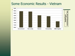 Some Economic Results - Vietnam
1450

CH4 & N2O Emissions
(CO2eq/ha)

1400
1350
1300
1250
1200
1150
1100
1050
Conventional

New variety

Biochar

Composting

AWD irrigation

New variety

Biochar

Composting

AWD irrigation

200
150

50
0
Conventional
-50

-100
-150
-200
-250

High labor cost
to produce and
spread

Net profit (US$/ha)
compared to
Conventional

100

 