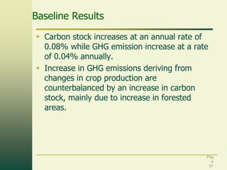Baseline Results
 Carbon stock increases at an annual rate of
0.08% while GHG emission increase at a rate
of 0.04% annually.
 Increase in GHG emissions deriving from
changes in crop production are
counterbalanced by an increase in carbon
stock, mainly due to increase in forested
areas.

Pag
e
57

 