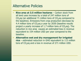 Alternative Policies
 Rice area at 3.5 million hectares – Carbon stock from
all land uses increase by a total of 247 million tons of
CO2eq (an additional 71 million tons of CO2eq compared to
the baseline). Emissions from crop production decrease by
4.4 million tons of CO2eq a year by 2030 (baseline results
project a yearly increase of 1.7 million tons of CO2eq). The
reduction in rice area causes an estimated loss in revenue
equivalent to 154 million USD per year compared to the
baseline .
 Alternative wet and dry management for irrigated
rice – estimated reduction in GHG equivalent to 113 million
tons of CO2eq and a loss in revenue of 271 million USD.

 