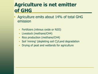 Agriculture is net emitter
of GHG
 Agriculture emits about 14% of total GHG
emission
•
•
•
•
•

Fertilizers (nitrous oxide or N2O)
Livestock (methane/CH4)
Rice production (methane/CH4)
Soil „mining‟ (depleting soil C)/Land degradation
Drying of peat and wetlands for agriculture

 