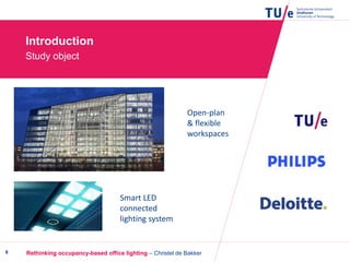 Introduction
Study object
Rethinking occupancy-based office lighting – Christel de Bakker6
Open-plan
& flexible
workspaces
Smart LED
connected
lighting system
 