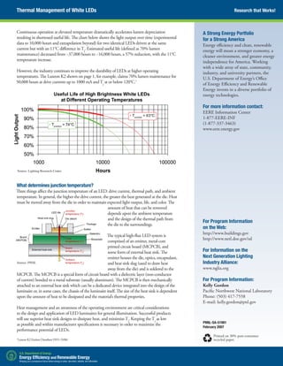 Continuous operation at elevated temperature dramatically accelerates lumen depreciation
resulting in shortened useful life. The chart below shows the light output over time (experimental
data to 10,000 hours and extrapolation beyond) for two identical LEDs driven at the same
current but with an 11°C difference inTj
. Estimated useful life (defined as 70% lumen
maintenance) decreased from ~37,000 hours to ~16,000 hours, a 57% reduction, with the 11°C
temperature increase.
However, the industry continues to improve the durability of LEDs at higher operating
temperatures. The Luxeon K2 shown on page 1, for example, claims 70% lumen maintenance for
50,000 hours at drive currents up to 1000 mA andTj
at or below 120°C.1
What determines junction temperature?
Three things affect the junction temperature of an LED: drive current, thermal path, and ambient
temperature. In general, the higher the drive current, the greater the heat generated at the die. Heat
must be moved away from the die in order to maintain expected light output, life, and color. The
amount of heat that can be removed
depends upon the ambient temperature
and the design of the thermal path from
the die to the surroundings.
The typical high-flux LED system is
comprised of an emitter, metal-core
printed circuit board (MCPCB), and
some form of external heat sink. The
emitter houses the die, optics, encapsulant,
and heat sink slug (used to draw heat
away from the die) and is soldered to the
MCPCB. The MCPCB is a special form of circuit board with a dielectric layer (non-conductor
of current) bonded to a metal substrate (usually aluminum). The MCPCB is then mechanically
attached to an external heat sink which can be a dedicated device integrated into the design of the
luminaire or, in some cases, the chassis of the luminaire itself. The size of the heat sink is dependent
upon the amount of heat to be dissipated and the material’s thermal properties.
Heat management and an awareness of the operating environment are critical considerations
to the design and application of LED luminaires for general illumination. Successful products
will use superior heat sink designs to dissipate heat, and minimizeTj
. Keeping theTj
as low
as possible and within manufacturer specifications is necessary in order to maximize the
performance potential of LEDs.
1
Luxeon K2 Emitter Datasheet DS51 (5/06)
Research that Works!
PNNL-SA-51901
February 2007
Printed on 30% post-consumer
recycled paper.
Thermal Management of White LEDs
For Program Information
on the Web:
http://www.buildings.gov
http://www.netl.doe.gov/ssl
For Information on the
Next Generation Lighting
Industry Alliance:
www.nglia.org
For Program Information:
Kelly Gordon
Pacific Northwest National Laboratory
Phone: (503) 417-7558
E-mail: kelly.gordon@pnl.gov
A Strong Energy Portfolio
for a Strong America
Energy efficiency and clean, renewable
energy will mean a stronger economy, a
cleaner environment, and greater energy
independence for America. Working
with a wide array of state, community,
industry, and university partners, the
U.S. Department of Energy’s Office
of Energy Efficiency and Renewable
Energy invests in a diverse portfolio of
energy technologies.
For more information contact:
EERE Information Center
1-877-EERE-INF
(1-877-337-3463)
www.eere.energy.gov
Source: Lighting Research Center
Source: PNNL
 