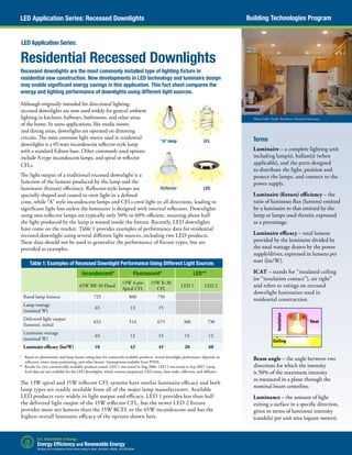 Building Technologies ProgramLED Application Series: Recessed Downlights
Photo credit: Pacific Northwest National Laboratory
Residential Recessed Downlights
Recessed downlights are the most commonly installed type of lighting fixture in
residential new construction. New developments in LED technology and luminaire design
may enable significant energy savings in this application. This fact sheet compares the
energy and lighting performance of downlights using different light sources.
Although originally intended for directional lighting,
recessed downlights are now used widely for general ambient
lighting in kitchens, hallways, bathrooms, and other areas
of the home. In some applications, like media rooms
and dining areas, downlights are operated on dimming
circuits. The most common light source used in residential
downlights is a 65-watt incandescent reflector-style lamp
with a standard Edison base. Other commonly used options
include A-type incandescent lamps, and spiral or reflector
CFLs.
The light output of a traditional recessed downlight is a
function of the lumens produced by the lamp and the
luminaire (fixture) efficiency. Reflector-style lamps are
specially shaped and coated to emit light in a defined
cone, while “A” style incandescent lamps and CFLs emit light in all directions, leading to
significant light loss unless the luminaire is designed with internal reflectors. Downlights
using non-reflector lamps are typically only 50% to 60% efficient, meaning about half
the light produced by the lamp is wasted inside the fixture. Recently, LED downlights
have come on the market. Table 1 provides examples of performance data for residential
recessed downlight using several different light sources, including two LED products.
These data should not be used to generalize the performance of fixture types, but are
provided as examples.
Table 1: Examples of Recessed Downlight Performance Using Different Light Sources
Incandescent* Fluorescent* LED**
65W BR-30 Flood
13W 4-pin
Spiral CFL
15W R-30
CFL
LED 1 LED 2
Rated lamp lumens 725 860 750
Lamp wattage
(nominal W)
65 13 15
Delivered light output
(lumens), initial
652 514 675 300 730
Luminaire wattage
(nominal W)
65 12 15 15 12
Luminaire efficacy (lm/W) 10 42 45 20 60
*	 Based on photometric and lamp lumen rating data for commonly available products. Actual downlight performance depends on
reflectors, trims, lamp positioning, and other factors. Assumptions available from PNNL.
**	 Results for two commercially-available products tested. LED 1 was tested in Aug 2006. LED 2 was tested in Sep 2007. Lamp
level data are not available for the LED downlights, which contain proprietary LED arrays, heat sinks, reflectors, and diffusers.
The 13W spiral and 15W reflector CFL systems have similar luminaire efficacy and both
lamp types are readily available from all of the major lamp manufacturers. Available
LED products vary widely in light output and efficacy. LED 1 provides less than half
the delivered light output of the 15W reflector CFL, but the newer LED 2 fixture
provides more net lumens than the 15W RCFL or the 65W incandescent and has the
highest overall luminaire efficacy of the options shown here.
LED Application Series:
Reflector LED
“A” lamp CFL Terms
Luminaire – a complete lighting unit
including lamp(s), ballast(s) (when
applicable), and the parts designed
to distribute the light, position and
protect the lamps, and connect to the
power supply.
Luminaire (fixture) efficiency – the
ratio of luminous flux (lumens) emitted
by a luminaire to that emitted by the
lamp or lamps used therein; expressed
as a percentage.
Luminaire efficacy – total lumens
provided by the luminaire divided by
the total wattage drawn by the power
supply/driver, expressed in lumens per
watt (lm/W).
ICAT – stands for “insulated ceiling
(or “insulation contact”), air tight”
and refers to ratings on recessed
downlight luminaires used in
residential construction.
Beam angle – the angle between two
directions for which the intensity
is 50% of the maximum intensity
as measured in a plane through the
nominal beam centerline.
Luminance – the amount of light
exiting a surface in a specific direction,
given in terms of luminous intensity
(candela) per unit area (square meters).
 