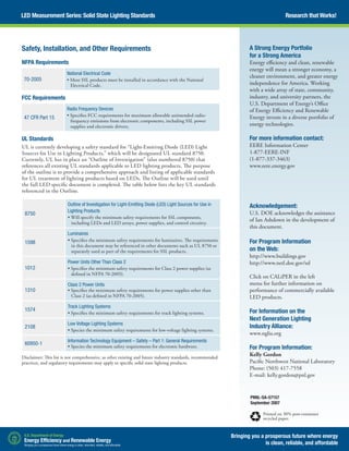 PNNL-SA-57157
September 2007
Printed on 30% post-consumer
recycled paper.
Disclaimer: This list is not comprehensive, as other existing and future industry standards, recommended
practices, and regulatory requirements may apply to specific solid state lighting products.
Research that Works!LED Measurement Series: Solid State Lighting Standards
Bringing you a prosperous future where energy
is clean, reliable, and affordable
Safety, Installation, and Other Requirements
NFPA Requirements
70-2005
National Electrical Code
• Most SSL products must be installed in accordance with the National
Electrical Code.
FCC Requirements
47 CFR Part 15
Radio Frequency Devices
• Specifies FCC requirements for maximum allowable unintended radio-
frequency emissions from electronic components, including SSL power
supplies and electronic drivers.
UL Standards
UL is currently developing a safety standard for “Light-Emitting Diode (LED) Light
Sources for Use in Lighting Products,” which will be designated UL standard 8750.
Currently, UL has in place an “Outline of Investigation” (also numbered 8750) that
references all existing UL standards applicable to LED lighting products. The purpose
of the outline is to provide a comprehensive approach and listing of applicable standards
for UL treatment of lighting products based on LEDs. The Outline will be used until
the full LED specific document is completed. The table below lists the key UL standards
referenced in the Outline.
A Strong Energy Portfolio
for a Strong America
Energy efficiency and clean, renewable
energy will mean a stronger economy, a
cleaner environment, and greater energy
independence for America. Working
with a wide array of state, community,
industry, and university partners, the
U.S. Department of Energy’s Office
of Energy Efficiency and Renewable
Energy invests in a diverse portfolio of
energy technologies.
For more information contact:
EERE Information Center
1-877-EERE-INF
(1-877-337-3463)
www.eere.energy.gov
Acknowledgement:
U.S. DOE acknowledges the assistance
of Ian Ashdown in the development of
this document.
For Program Information
on the Web:
http://www.buildings.gov
http://www.netl.doe.gov/ssl
Click on CALiPER in the left
menu for further information on
performance of commercially available
LED products.
For Information on the
Next Generation Lighting
Industry Alliance:
www.nglia.org
For Program Information:
Kelly Gordon
Pacific Northwest National Laboratory
Phone: (503) 417-7558
E-mail: kelly.gordon@pnl.gov
8750
Outline of Investigation for Light-Emitting Diode (LED) Light Sources for Use in
Lighting Products
• Will specify the minimum safety requirements for SSL components,
including LEDs and LED arrays, power supplies, and control circuitry.
1598
Luminaires
• Specifies the minimum safety requirements for luminaires. The requirements
in this document may be referenced in other documents such as UL 8750 or
separately used as part of the requirements for SSL products.
1012
Power Units Other Than Class 2
• Specifies the minimum safety requirements for Class 2 power supplies (as
defined in NFPA 70-2005).
1310
Class 2 Power Units
• Specifies the minimum safety requirements for power supplies other than
Class 2 (as defined in NFPA 70-2005).
1574
Track Lighting Systems
• Specifies the minimum safety requirements for track lighting systems.
2108
Low Voltage Lighting Systems
• Species the minimum safety requirements for low-voltage lighting systems.
60950-1
Information Technology Equipment – Safety – Part 1: General Requirements
• Species the minimum safety requirements for electronic hardware.
 