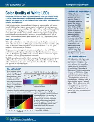 Building Technologies ProgramColor Quality of White LEDs
Color Quality of White LEDs
Color quality has been one of the key challenges facing white light-emitting diodes
(LEDs) as a general light source. This fact sheet reviews the basics regarding light
and color and summarizes the most important color issues related to white light LEDs,
including recent advances.
Unlike incandescent and fluorescent lamps, LEDs are not inherently white light sources.
Instead, LEDs emit light in a very narrow range of wavelengths in the visible spectrum,
resulting in nearly monochromatic light. This is why LEDs are so efficient for colored light
applications such as traffic lights and exit signs. However, to be used as a general light
source, white light is needed. The potential of LED technology to produce high-quality
white light with unprecedented energy efficiency is the impetus for the intense level of
research and development currently being supported by the U.S. Department of Energy.
White Light from LEDs
White light can be achieved with LEDs in two main ways: 1) phosphor conversion, in
which a blue or near-ultraviolet (UV) chip is coated with phosphor(s) to emit white light;
and 2) RGB systems, in which light from multiple monochromatic LEDs (red, green,
and blue) is mixed, resulting in white light.
The phosphor conversion approach is most commonly based on a blue LED. When
combined with a yellow phosphor (usually cerium-doped yttrium aluminum garnet or
YAG:Ce), the light will appear white to the human eye. Research continues to improve
the efficiency and color quality of phosphor conversion.
The RGB approach produces white light by mixing the three primary colors - red, green,
and blue. The color quality of the resulting light can be enhanced by the addition of
amber to “fill in” the yellow region of the spectrum. Status, benefits, and trade-offs of
each approach are explored on page 2.
What is White Light?
We are accustomed to lamps
that emit white light. But what
does that really mean? What
appears to our eyes as “white”
is actually a mix of different
wavelengths in the visible
portion of the electromagnetic
spectrum. Electromagnetic
radiation in wavelengths from
about 380 to 770 nanometers
is visible to the human eye.
Incandescent, fluorescent, and high-intensity discharge (HID) lamps radiate across the visible
spectrum, but with varying intensity in the different wavelengths. The spectral power distribution
(SPD) for a given light source shows the relative
radiant power emitted by the light source at
each wavelength. Incandescent sources have
a continuous SPD, but relative power is low
in the blue and green regions. The typically
“warm” color appearance of incandescent lamps
is due to the relatively high emissions in the
orange and red regions of the spectrum.
	 Example of aTypical Incandescent
	 Spectral Power Distribution
300
250
200
150
100
50
0
300 350 400 450 500 550 600 650 700 750
Wavelength (nm)
gamma
rays
ultraviolet
rays
infrared
raysX-rays
Visible Light
Wavelength (nanometers)
Wavelength (meters)
10-14
400 500 600 700
10-12
10-10
10-8
10-6
10-4
10-2
102
1 104
radar FM TV AMshortwave
Correlated Color Temperature (CCT)
CCT describes the
relative color appearance
of a white light source,
indicating whether it
appears more yellow/gold
or more blue, in terms
of the range of available
shades of white. CCT is
given in Kelvin (SI unit of
absolute temperature) and
refers to the appearance
of a theoretical black
body heated to high
temperatures. As the black
body gets hotter, it turns
red, orange, yellow, white,
and finally blue. The CCT
of a light source is the
temperature (in K) at
which the heated black
body matches the color
of the light source in question.
Color Rendering Index (CRI)
CRI indicates how well a light source
renders colors, on a scale of 0 to
100, compared to a reference light
source of similar color temperature.
The test procedure established by
the International Commission on
Illumination (CIE) involves measuring
the extent to which a series of eight
standardized color samples differ in
appearance when illuminated under
a given light source, relative to the
reference source. The average “shift” in
those eight color samples is reported
as Ra or CRI. In addition to the eight
color samples used by convention,
some lighting manufacturers report
an “R9” score, which indicates how
well the light source renders a saturated
deep red color.
12000K
7000K
4000K
3000K
2000K
 