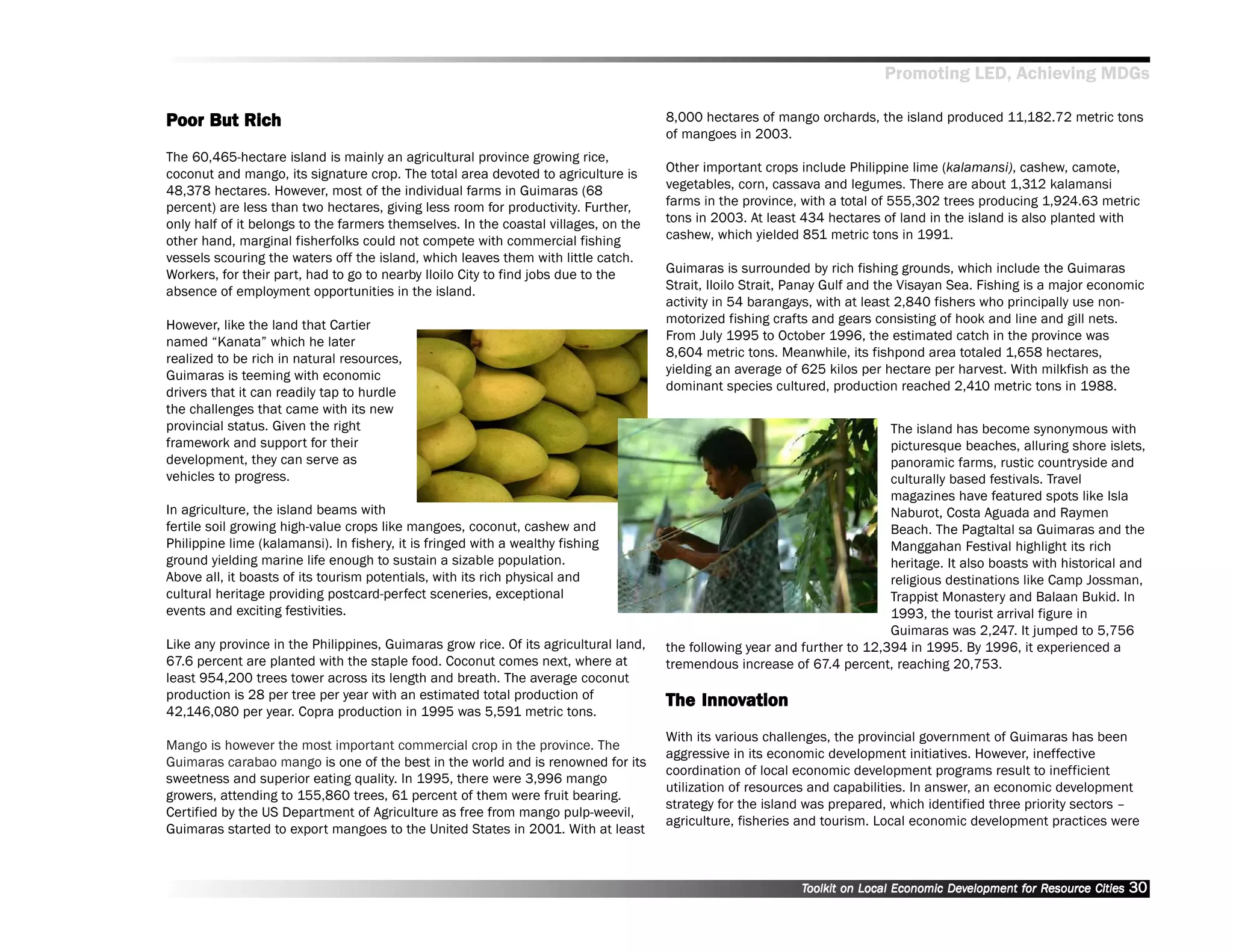 Promoting LED, Achieving MDGs

Poor But Rich
         Rich                                                                         8,000 hectares of mango orchards, the island produced 11,182.72 metric tons
                                                                                      of mangoes in 2003.
The 60,465-hectare island is mainly an agricultural province growing rice,
coconut and mango, its signature crop. The total area devoted to agriculture is       Other important crops include Philippine lime (kalamansi), cashew, camote,
48,378 hectares. However, most of the individual farms in Guimaras (68                vegetables, corn, cassava and legumes. There are about 1,312 kalamansi
percent) are less than two hectares, giving less room for productivity. Further,      farms in the province, with a total of 555,302 trees producing 1,924.63 metric
only half of it belongs to the farmers themselves. In the coastal villages, on the    tons in 2003. At least 434 hectares of land in the island is also planted with
other hand, marginal fisherfolks could not compete with commercial fishing            cashew, which yielded 851 metric tons in 1991.
vessels scouring the waters off the island, which leaves them with little catch.
Workers, for their part, had to go to nearby Iloilo City to find jobs due to the      Guimaras is surrounded by rich fishing grounds, which include the Guimaras
absence of employment opportunities in the island.                                    Strait, Iloilo Strait, Panay Gulf and the Visayan Sea. Fishing is a major economic
                                                                                      activity in 54 barangays, with at least 2,840 fishers who principally use non-
However, like the land that Cartier                                                   motorized fishing crafts and gears consisting of hook and line and gill nets.
named ““Kanata”” which he later                                                       From July 1995 to October 1996, the estimated catch in the province was
realized to be rich in natural resources,                                             8,604 metric tons. Meanwhile, its fishpond area totaled 1,658 hectares,
Guimaras is teeming with economic                                                     yielding an average of 625 kilos per hectare per harvest. With milkfish as the
drivers that it can readily tap to hurdle                                             dominant species cultured, production reached 2,410 metric tons in 1988.
the challenges that came with its new
provincial status. Given the right                                                                                          The island has become synonymous with
framework and support for their                                                                                             picturesque beaches, alluring shore islets,
development, they can serve as                                                                                              panoramic farms, rustic countryside and
vehicles to progress.                                                                                                       culturally based festivals. Travel
                                                                                                                            magazines have featured spots like Isla
In agriculture, the island beams with                                                                                       Naburot, Costa Aguada and Raymen
fertile soil growing high-value crops like mangoes, coconut, cashew and                                                     Beach. The Pagtaltal sa Guimaras and the
Philippine lime (kalamansi). In fishery, it is fringed with a wealthy fishing                                               Manggahan Festival highlight its rich
ground yielding marine life enough to sustain a sizable population.                                                         heritage. It also boasts with historical and
Above all, it boasts of its tourism potentials, with its rich physical and                                                  religious destinations like Camp Jossman,
cultural heritage providing postcard-perfect sceneries, exceptional                                                         Trappist Monastery and Balaan Bukid. In
events and exciting festivities.                                                                                            1993, the tourist arrival figure in
                                                                                                                            Guimaras was 2,247. It jumped to 5,756
Like any province in the Philippines, Guimaras grow rice. Of its agricultural land,   the following year and further to 12,394 in 1995. By 1996, it experienced a
67.6 percent are planted with the staple food. Coconut comes next, where at           tremendous increase of 67.4 percent, reaching 20,753.
least 954,200 trees tower across its length and breath. The average coconut
production is 28 per tree per year with an estimated total production of                  Innov
                                                                                      The Innovation
42,146,080 per year. Copra production in 1995 was 5,591 metric tons.
                                                                                      With its various challenges, the provincial government of Guimaras has been
Mango is however the most important commercial crop in the province. The
                                                                                      aggressive in its economic development initiatives. However, ineffective
Guimaras carabao mango is one of the best in the world and is renowned for its
                                                                                      coordination of local economic development programs result to inefficient
sweetness and superior eating quality. In 1995, there were 3,996 mango
                                                                                      utilization of resources and capabilities. In answer, an economic development
growers, attending to 155,860 trees, 61 percent of them were fruit bearing.
                                                                                      strategy for the island was prepared, which identified three priority sectors ––
Certified by the US Department of Agriculture as free from mango pulp-weevil,
                                                                                      agriculture, fisheries and tourism. Local economic development practices were
Guimaras started to export mangoes to the United States in 2001. With at least



                                                                                                             Toolkit on Local Economic Development for Resource Cities
                                                                                                                                       Dev         for Resource          30
 