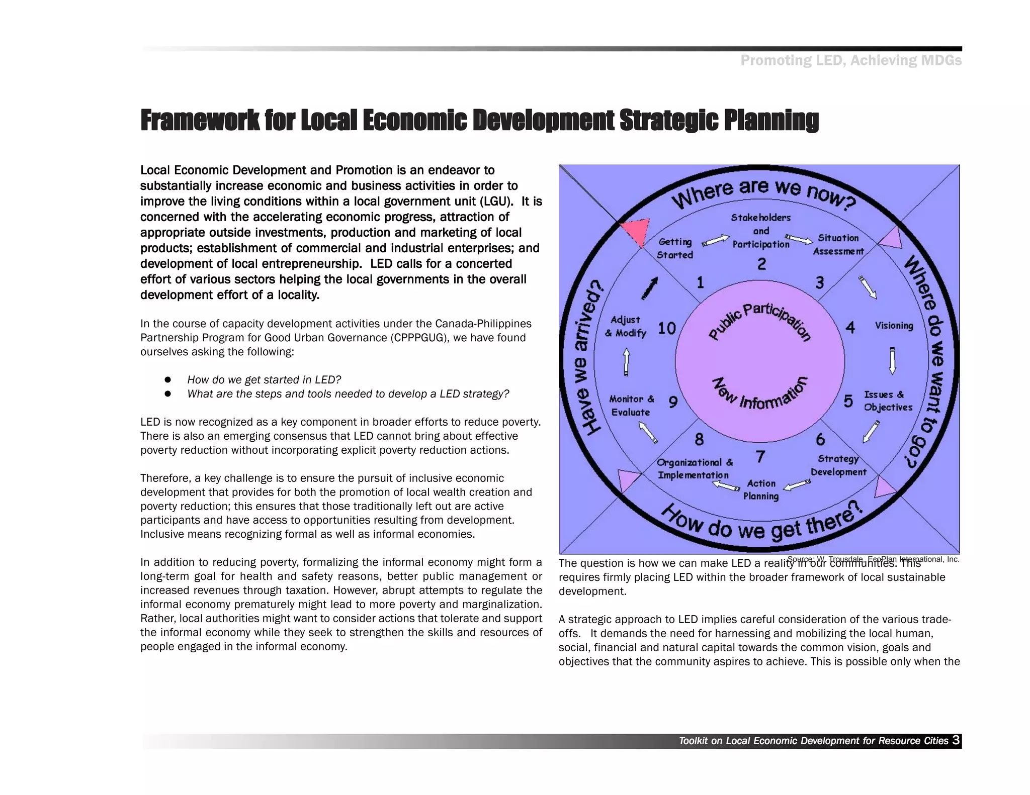 Promoting LED, Achieving MDGs



Framework for Local Economic Development Strategic Planning
                   Dev                 Promo
                                         omotion       endeav to
Local Economic Development and Promotion is an endeavor to
                                                              order to
substantially increase economic and business activities in order to
impr
   pro                                         gov              (LGU).
improve the living conditions within a local government unit (LGU). It is
                                               progress,
concerned with the accelerating economic progress, attraction of
appropriat
     opriate           inv            production     mark
appropriate outside investments, production and marketing of local
products;                      commercial                 enter
                                                             erprises;
products; establishment of commercial and industrial enterprises; and
dev                      entrepreneurship.            for concert
development of local entrepreneurship. LED calls for a concer ted
effort various sector   ors                   gov                 ov
effor t of various sectors helping the local governments in the overall
dev             effort      locality.
development ef for t of a locality.

In the course of capacity development activities under the Canada-Philippines
Partnership Program for Good Urban Governance (CPPPGUG), we have found
ourselves asking the following:

         How do we get started in LED?
         What are the steps and tools needed to develop a LED strategy?

LED is now recognized as a key component in broader efforts to reduce poverty.
There is also an emerging consensus that LED cannot bring about effective
poverty reduction without incorporating explicit poverty reduction actions.

Therefore, a key challenge is to ensure the pursuit of inclusive economic
development that provides for both the promotion of local wealth creation and
poverty reduction; this ensures that those traditionally left out are active
participants and have access to opportunities resulting from development.
Inclusive means recognizing formal as well as informal economies.

In addition to reducing poverty, formalizing the informal economy might form a       The question is how we can make LED a reality in our Trousdale, EcoPlan International, Inc.
                                                                                                                                   Source: W.
                                                                                                                                              communities. This
long-term goal for health and safety reasons, better public management or            requires firmly placing LED within the broader framework of local sustainable
increased revenues through taxation. However, abrupt attempts to regulate the        development.
informal economy prematurely might lead to more poverty and marginalization.
Rather, local authorities might want to consider actions that tolerate and support   A strategic approach to LED implies careful consideration of the various trade-
the informal economy while they seek to strengthen the skills and resources of       offs. It demands the need for harnessing and mobilizing the local human,
people engaged in the informal economy.                                              social, financial and natural capital towards the common vision, goals and
                                                                                     objectives that the community aspires to achieve. This is possible only when the




                                                                                                                Toolkit on Local Economic Development for Resource Cities
                                                                                                                                          Dev         for Resource            3
 