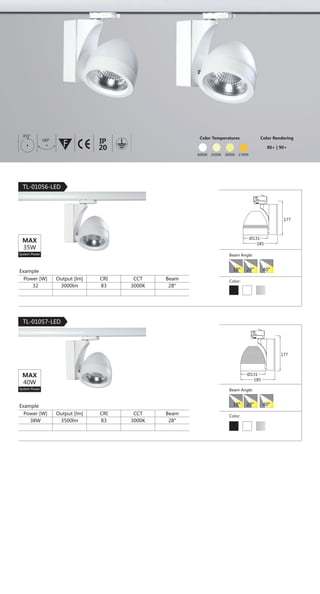 35
｜ 3-Phase Track Light
TL-01010-LED
Dimension
100
155
46
186
147
Reflector
· High reflection aluminum reflector
· Color: Silver/Golden
· Beam Angle:
Electric
· Voltage: 220-240V AC 50/60Hz
· Input Watt(max): 40W
· Power factor: ＞ 0.9
Light Output
· Luminous flux(max): 3500 lm
Luminaire Color
· Powder coat finish:
15° 24° 38°
PRODUCT SPECIFICATION
Construction
· Aluminum die-cast heatsink and driver box
· Passive cooling design for heat dissipation
· Twist and locking system
Driver
· Selectable LED Driver
OSRAM OTe 50W 1A0 CS
Philips CertaDrive 40W 1050mA
Tridonic LCI 42W 1050mA TEC
LED
· Selectable LED COB
Bridgelux Vero 18
Philips Fortimo SLM Gen3
Philips Fortimo SLM Gen4
CITIZEN CLL034
· CCT: 2700K, 3000K, 4000K
· CRI: ＞ 80Ra F IESAlu.COB IP20C B0.8m
180° 355°
 