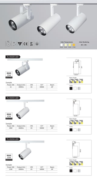 36
3-Phase Track Light |
Construction
· Aluminum die-cast heatsink and driver box
· Passive cooling design for heat dissipation
· Twist and locking system
LED
· CCT: 2700K, 3000K, 4000K
· CRI: ＞ 80Ra
Driver
Reflector
· High reflection reflector
· Color: Silver/Golden
· Beam Angle:
Electric
· Voltage: 220-240V AC 50/60Hz
· Input Watt(max): 40W
· Power factor: ＞ 0.9
Light Output
· Luminous flux(max): 3500 lm
Luminaire Color
· Powder coat finish:
PRODUCT SPECIFICATION
Bridgelux Vero 18
Philips CertaDriver 40W 1050mA
127
100
155
46
167
Dimension
15° 24° 38°
TL-01012-LED
F IESAlu.COB IP20C B0.8m
180° 355°
 