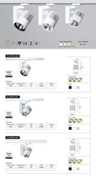32
3-Phase Track Light |
TL-01008-LED
F IESAlu.COB IP20C B0.5m
PRODUCT SPECIFICATION
Construction
· Aluminum die-cast heatsink and driver box
· Passive cooling design for heat dissipation
· Twist and locking system
Driver
· Selectable LED Driver
OSRAM OTe 25/220-240/700 PC
Philips CertaDrive 20W 500mA
Tridonic LCI 20W 350mA-900mA
LED
· Selectable LED COB
Bridgelux Vero 13
Philips Fortimo SLM Gen3
Philips Fortimo SLM Gen4
CITIZEN CLL034
· CCT: 2700K, 3000K, 4000K
· CRI: ＞ 80Ra
180° 355°
Reflector
· High reflection aluminum reflector
· Color: Silver/Golden
· Beam Angle:
Electric
· Voltage: 220-240V AC 50/60Hz
· Input Watt(max): 25W
· Power factor: ＞ 0.9
Light Output
· Luminous flux(max): 2000 lm
Luminaire Color
· Powder coat finish:
15° 24° 40°
80
128
171
131
84
Dimension
 