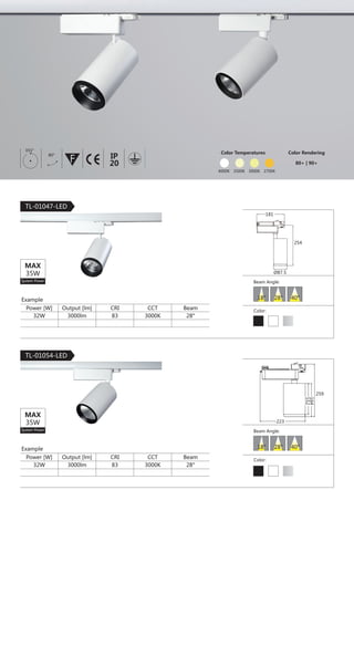 33
｜ 3-Phase Track Light
Construction
· Aluminum die-cast heatsink and driver box
· Passive cooling design for heat dissipation
· Twist and locking system
LED
· CCT: 2700K, 3000K, 4000K
· CRI: ＞ 80Ra
Driver
Reflector
· High reflection aluminum reflector
· Color: Silver/Golden
· Beam Angle:
Electric
· Voltage: 220-240V AC 50/60Hz
· Input Watt(max): 30W
· Power factor: ＞ 0.9
Light Output
· Luminous flux(max): 2500 lm
Luminaire Color
· Powder coat finish:
PRODUCT SPECIFICATION TL-01016-LED
CITIZEN CLL034
Philips CertaDriver 30W 700mA
91 146
135
46
135
80
Dimension
F IESAlu.COB IP20C B0.8m
15° 24° 40°
180° 355°
 