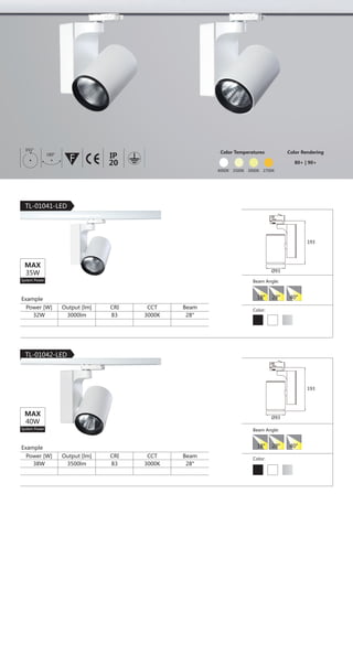 34
3-Phase Track Light |
LED
· Selectable LED COB
Bridgelux Vero 18
Philips Fortimo SLM Gen3
Philips Fortimo SLM Gen4
CITIZEN CLL034
· CCT: 2700K, 3000K, 4000K
· CRI: ＞ 80Ra
TL-01011-LED
F IESAlu.COB IP20C B0.8m
PRODUCT SPECIFICATION
Construction
· Aluminum die-cast heatsink and driver box
· Passive cooling design for heat dissipation
· Twist and locking system
Dimension
100
155
127
167
46
Reflector
· High reflection aluminum reflector
· Color: Silver/Golden
· Beam Angle:	
	
Electric
· Voltage: 220-240V AC 50/60Hz
· Input Watt(max): 40W
· Power factor: ＞ 0.9
Light Output
· Luminous flux(max): 3500 lm
Luminaire Color
· Powder coat finish:
15° 24° 38°
Driver
· Selectable LED Driver
OSRAM OTe 50W 1A0 CS
Philips CertaDrive 40W 1050mA
Tridonic LCI 42W 1050mA TEC
180° 355°
 