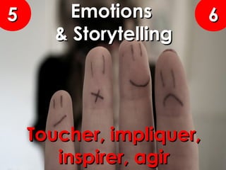 Toucher, impliquer,Toucher, impliquer,
inspirer, agirinspirer, agir
55 66EmotionsEmotions
& Storytelling& Storytelling
 