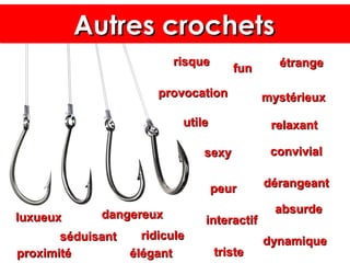 Autres crochetsAutres crochetsAutres crochetsAutres crochets
funfun
sexysexy
dangereuxdangereux
élégantélégant
utileutile
tristetriste
relaxantrelaxant
étrangeétrange
convivialconvivial
ddérangeantérangeant
ridiculeridiculeséduisantséduisant
absurdeabsurde
proximitéproximité
interactifinteractif
provocationprovocation
risquerisque
dynamiquedynamique
luxueuxluxueux
mystérieuxmystérieux
peurpeur
 
