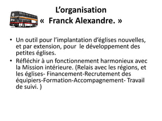 L’organisation 
« Franck Alexandre. » 
• Un outil pour l’implantation d’églises nouvelles, 
et par extension, pour le développement des 
petites églises. 
• Réfléchir à un fonctionnement harmonieux avec 
la Mission intérieure. (Relais avec les régions, et 
les églises- Financement-Recrutement des 
équipiers-Formation-Accompagnement- Travail 
de suivi. ) 
 