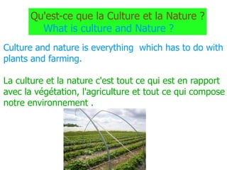 Qu'est-ce que la Culture et la Nature ? What   is  culture and Nature ? Culture and nature is everything  which has to do  with   plants and farming. La culture et la nature c'est tout ce qui est en rapport avec la végétation, l'agriculture et tout ce qui compose notre environnement . 