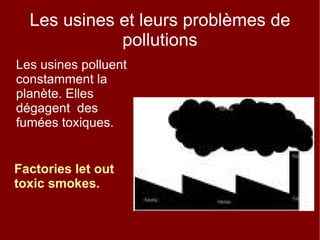Les usines et leurs problèmes de pollutions Les usines polluent constamment la planète. Elles dégagent  des fumées toxiques.  Factories let out toxic smokes.   