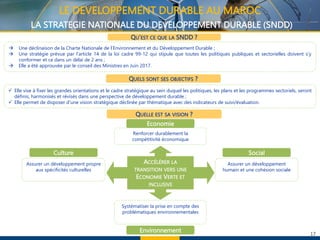 17
ACCÉLÉRER LA
TRANSITION VERS UNE
ECONOMIE VERTE ET
INCLUSIVE
Social
Environnement
Culture
Assurer un développement
humain et une cohésion sociale
Systématiser la prise en compte des
problématiques environnementales
Assurer un développement propre
aux spécificités culturelles
Renforcer durablement la
compétitivité économique
Economie
QU’EST CE QUE LA SNDD ?
 Une déclinaison de la Charte Nationale de l’Environnement et du Développement Durable ;
 Une stratégie prévue par l’article 14 de la loi cadre 99-12 qui stipule que toutes les politiques publiques et sectorielles doivent s’y
conformer et ce dans un délai de 2 ans ;
 Elle a été approuvée par le conseil des Ministres en Juin 2017.
 Elle vise à fixer les grandes orientations et le cadre stratégique au sein duquel les politiques, les plans et les programmes sectoriels, seront
définis, harmonisés et révisés dans une perspective de développement durable ;
 Elle permet de disposer d’une vision stratégique déclinée par thématique avec des indicateurs de suivi/évaluation.
QUELS SONT SES OBJECTIFS ?
QUELLE EST SA VISION ?
LE DEVELOPPEMENT DURABLE AU MAROC
LA STRATEGIE NATIONALE DU DEVELOPPEMENT DURABLE (SNDD)
 