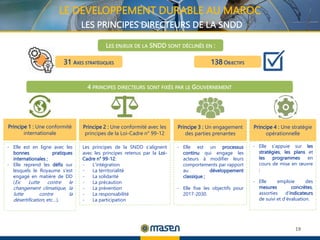 19
4 PRINCIPES DIRECTEURS SONT FIXÉS PAR LE GOUVERNEMENT
Principe 1 : Une conformité
internationale
Principe 3 : Un engagement
des parties prenantes
Principe 2 : Une conformité avec les
principes de la Loi-Cadre n° 99-12
Principe 4 : Une stratégie
opérationnelle
- Elle est en ligne avec les
bonnes pratiques
internationales ;
- Elle reprend les défis sur
lesquels le Royaume s’est
engagé en matière de DD
(Ex: Lutte contre le
changement climatique, la
lutte contre la
désertification, etc…).
Les principes de la SNDD s’alignent
avec les principes retenus par la Loi-
Cadre n° 99-12:
- L’intégration
- La territorialité
- La solidarité
- La précaution
- La prévention
- La responsabilité
- La participation
- Elle est un processus
continu qui engage les
acteurs à modifier leurs
comportements par rapport
au développement
classique ;
- Elle fixe les objectifs pour
2017-2030.
- Elle s’appuie sur les
stratégies, les plans et
les programmes en
cours de mise en œuvre
;
- Elle emploie des
mesures concrètes,
assorties d’indicateurs
de suivi et d’évaluation.
LES ENJEUX DE LA SNDD SONT DÉCLINÉS EN :
31 AXES STRATÉGIQUES 138 OBJECTIFS
LE DEVELOPPEMENT DURABLE AU MAROC
LES PRINCIPES DIRECTEURS DE LA SNDD
 