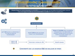 23
L'étude d'impact sur environnemental et social (EIES) est un processus qui, au tout début de la planification, cerne et
évalue les risques d'incidences environnementales et sociales découlant d'un projet prévu.
ENVIRONNEMENT
LOI 11-03 RELATIVE À LA PROTECTION ET
À LA MISE EN VALEUR DE
L'ENVIRONNEMENT
LOI N° 12-03 RELATIVE AUX ÉTUDES
D'IMPACT SUR L'ENVIRONNEMENT
DÉCRET N° 2-04-564 FIXANT LES MODALITÉS
D'ORGANISATION ET DE DÉROULEMENT DE
L'ENQUÊTE PUBLIQUE RELATIVE AUX PROJETS
SOUMIS AUX ÉTUDES D'IMPACT SUR
L'ENVIRONNEMENT
• ARTICLE 49
• ARTICLE 50
STRUCTURE ET CONTENU DE L’EIE ENQUÊTE PUBLIQUE
LE DEVELOPPEMENT DURABLE A MASEN
QU’EST CE QU’UNE EIES ?
CONFORMITÉ AVEC LES EXIGENCES E&S DES BAILLEURS DE FONDS
 