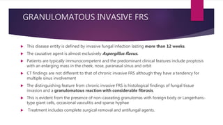 GRANULOMATOUS INVASIVE FRS
 This disease entity is defined by invasive fungal infection lasting more than 12 weeks.
 The causative agent is almost exclusively Aspergillus flavus.
 Patients are typically immunocompetent and the predominant clinical features include proptosis
with an enlarging mass in the cheek, nose, paranasal sinus and orbit
 CT findings are not different to that of chronic invasive FRS although they have a tendency for
multiple sinus involvement
 The distinguishing feature from chronic invasive FRS is histological findings of fungal tissue
invasion and a granulomatous reaction with considerable fibrosis.
 This is evident from the presence of non-caseating granulomas with foreign body or Langerhans-
type giant cells, occasional vasculitis and sparse hyphae
 Treatment includes complete surgical removal and antifungal agents.
 
