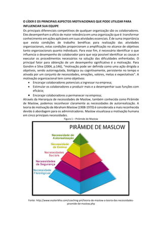 O LÍDER E OS PRINCIPAIS ASPECTOS MOTIVACIONAIS QUE PODE UTILIZAR PARA
INFLUENCIAR SUA EQUIPE
Os principais diferenciais competitivos de qualquer organização são os colaboradores.
Eles desempenham o ofício de maior relevância em uma organização que é: transformar
conhecimento em ações aplicáveis em suas atividades essenciais. É de suma importância
que exista condições de trabalho benéficas para realização das atividades
organizacionais, estas condições proporcionam a amplificação no alcance de objetivos
tanto organizacionais quanto individuais. Para esse fim, é necessário identificar o que
influencia o desempenho do colaborador para que seja possível identificar as causas e
executar os procedimentos necessários na solução das dificuldades enfrentadas. O
principal fator para obtenção de um desempenho significativo é a motivação. Para
Gondim e Silva (2004, p.146), “motivação pode ser definida como uma ação dirigida a
objetivos, sendo autorregulada, biológica ou cognitivamente, persistente no tempo e
ativada por um conjunto de necessidades, emoções, valores, metas e expectativas”. A
motivação organizacional tem como objetivos:
 Encorajar colaboradores potenciais a ingressar na empresa;
 Estimular os colaboradores a produzir mais e a desempenhar suas funções com
eficácia;
 Encorajar colaboradores a permanecer na empresa;
Através da Hierarquia de necessidades de Maslow, também conhecida como Pirâmide
de Maslow, podemos reconhecer claramente as necessidades de autorrealização. A
teoria de motivação de Abraham Maslow (1908-1970) é considerada a mais reconhecida
devido à abordagem para os administradores. Maslow visualizava a motivação humana
em cinco principais necessidades.
Figura 1 – Pirâmide de Maslow
Fonte: http://www.esoterikha.com/coaching-pnl/teoria-de-maslow-a-teoria-das-necessidades-
piramide-de-maslow.php
 