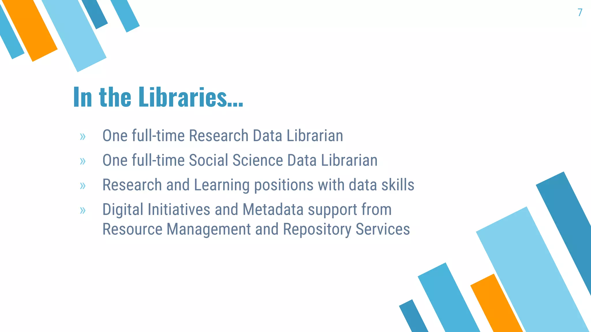 In the Libraries…
» One full-time Research Data Librarian
» One full-time Social Science Data Librarian
» Research and Learning positions with data skills
» Digital Initiatives and Metadata support from
Resource Management and Repository Services
7
