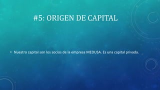#5: ORIGEN DE CAPITAL
• Nuestro capital son los socios de la empresa MEDUSA. Es una capital privada.
 