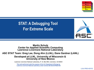 STAT: A Debugging Tool
                 For Extreme Scale


                        Martin Schulz
           Center for Applied Scientific Computing
           Lawrence Livermore National Laboratory
ASC STAT Team: Greg Lee, Dong Ahn (LLNL), Dane Gardner (LANL)
        Developed at LLNL, University of Wisconsin &
                  University of New Mexico
         Lawrence Livermore National Laboratory, P. O. Box 808, Livermore, CA 94551

            This work performed under the auspices of the U.S. Department of Energy by
            Lawrence Livermore National Laboratory under Contract DE-AC52-07NA27344

                                                                                         LLNL-PRES-426152
 