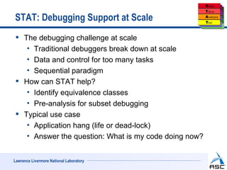 STAT: Debugging Support at Scale
  The debugging challenge at scale
    • Traditional debuggers break down at scale
    • Data and control for too many tasks
    • Sequential paradigm
  How can STAT help?
    • Identify equivalence classes
    • Pre-analysis for subset debugging
  Typical use case
    • Application hang (life or dead-lock)
    • Answer the question: What is my code doing now?


Lawrence Livermore National Laboratory
 