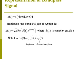 Representation of Bandpass
Signal
Bandpass real signal x(t) can be written as:
     
cos 2 c
x t s t f t


     
2
2 Re where is complex envelop
c
j f t
x t x t e x t

 
  
Note that      
I Q
x t x t j x t
  
In-phase Quadrature-phase
 