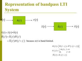 Representation of bandpass LTI
System
 
h t
 
h t
 
s t
 
s t
 
r t
 
r t
     
     
    because ( ) is band-limited.
c
r t s t h t
R f S f H f
S f H f f s t
 

 
     
 
 
   
*
( ), 0
0, 0
c c
c
H f H f f H f f
H f f
H f
f
H f H f f


 
    
 


 


 
 