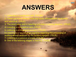 ANSWERS 
1- Listening is a productive skill. (FALSE) 
2- There are three different listening types: informational, evaluative, 
and relational. (TRUE) 
3- The most basic skill in listening activities is paying attention. (TRUE) 
4- Listening is a receptive skill. (TRUE) 
5- Listening is a biological process.( FALSE) 
6-Listening is a neurological cognitive regarding the processing of 
auditory stimuli received by the auditory system. (TRUE) 
7- Listening is a passive process. (FALSE) 
8- One of the listening stages is hearing. (TRUE) 
 