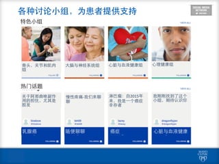  
各种讨论⼩小组，为患者提供⽀支持
特⾊色⼩小组
⾻骨头，关节和肌⾁肉
组
⼤大脑与神经系统组 ⼼心脏与⾎血液健康组 ⼼心理健康组
关于阿那曲唑副作
⽤用的担忧，尤其是
脱发
乳腺癌
慢性疼痛-­‐我们来聊
聊
随便聊聊
淋巴瘤：⾃自2015年
来，我是⼀一个癌症
幸存者
癌症
我刚刚找到了这个
⼩小组，期待认识你
⼼心脏与⾎血液健康
热⻔门话题
 