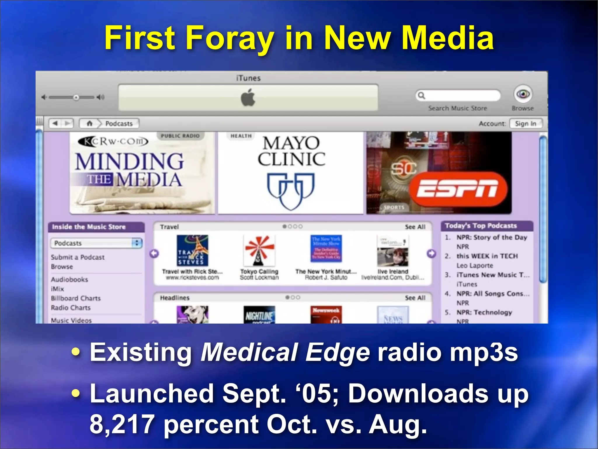 First Foray in New Media




• Existing Medical Edge radio mp3s
• Launched Sept. ‘05; Downloads up
 8,217 percent Oct. vs. Aug.
 