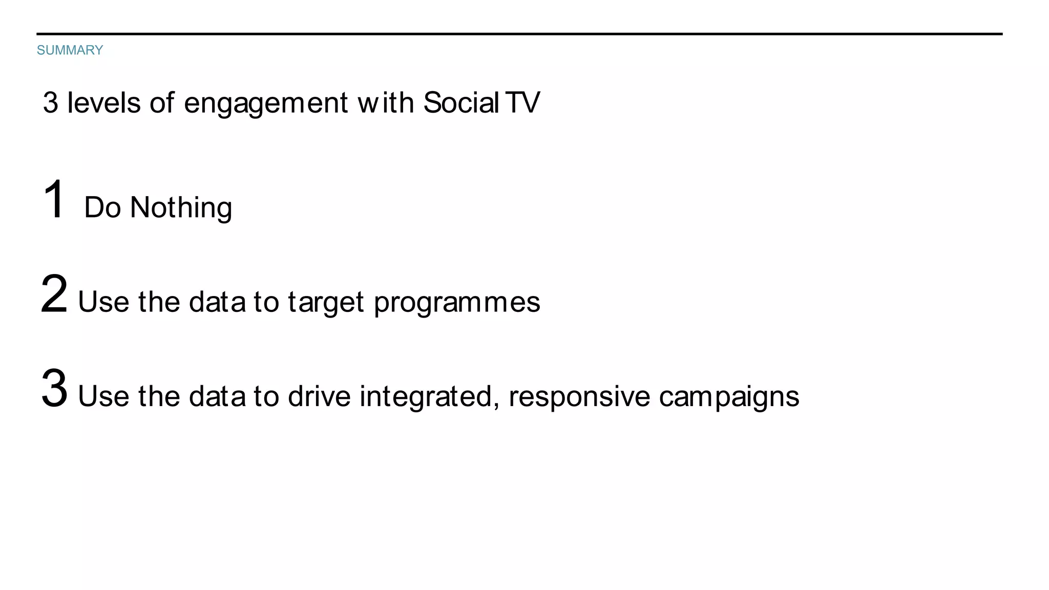 SUMMARY



3 levels of engagement w ith Social TV


1 Do Nothing
2 Use the data to target programmes
3 Use the data to drive integrated, responsive campaigns
 