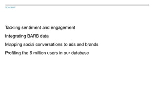 ROADMAP
Tackling sentiment and engagement
Integrating BARB data
M apping social conversations to ads and brands
Profiling the 6 million users in our database