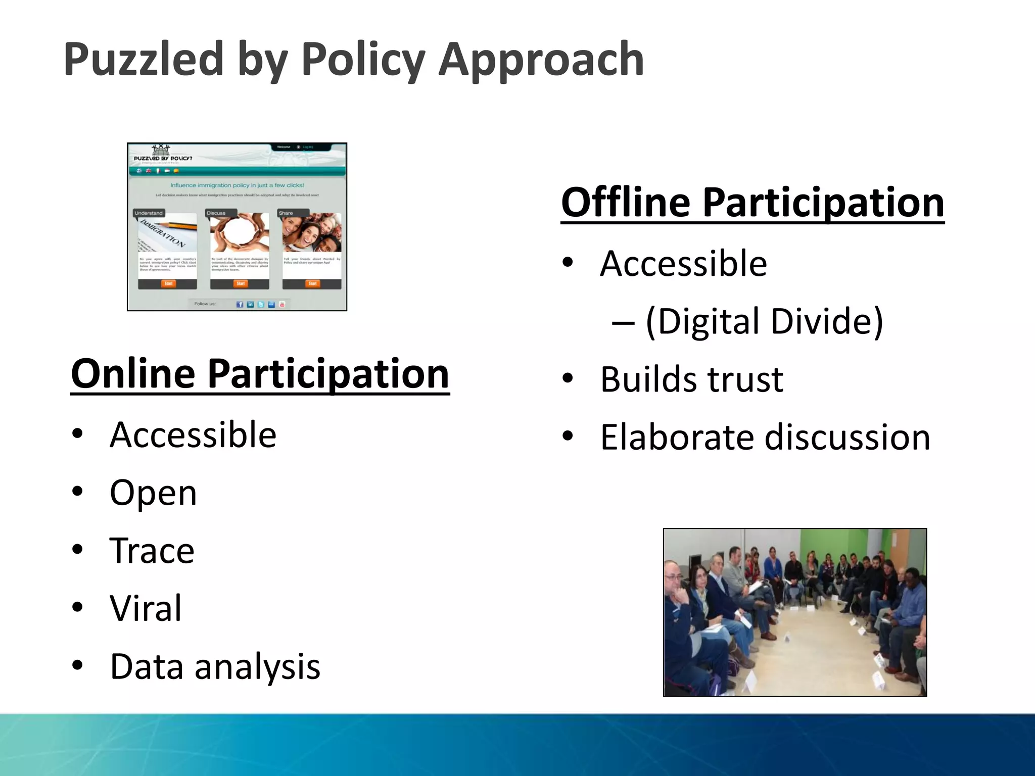 Puzzled by Policy Approach
Offline Participation

Online Participation
•
•
•
•
•

Accessible
Open
Trace
Viral
Data analysis

• Accessible
– (Digital Divide)
• Builds trust
• Elaborate discussion

 