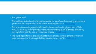  At a global level:
 The building sector has the largest potential for significantly reducing greenhouse
gas emissions compared to other major emitting sectors – UNEP, 2009.
 This emissions savings potential is said to be as much as 84 gigatonnes of CO2
(GtCO2) by 2050, through direct measures in buildings such as energy efficiency,
fuel switching and the use of renewable energy – UNEP, 2016.
 The building sector has the potential to make energy savings of 50% or more in
2050, in support of limiting global temperature rises to 2°C– UNEP, 2016.
 