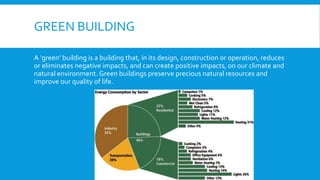 GREEN BUILDING
A ‘green’ building is a building that, in its design, construction or operation, reduces
or eliminates negative impacts, and can create positive impacts, on our climate and
natural environment. Green buildings preserve precious natural resources and
improve our quality of life.
 